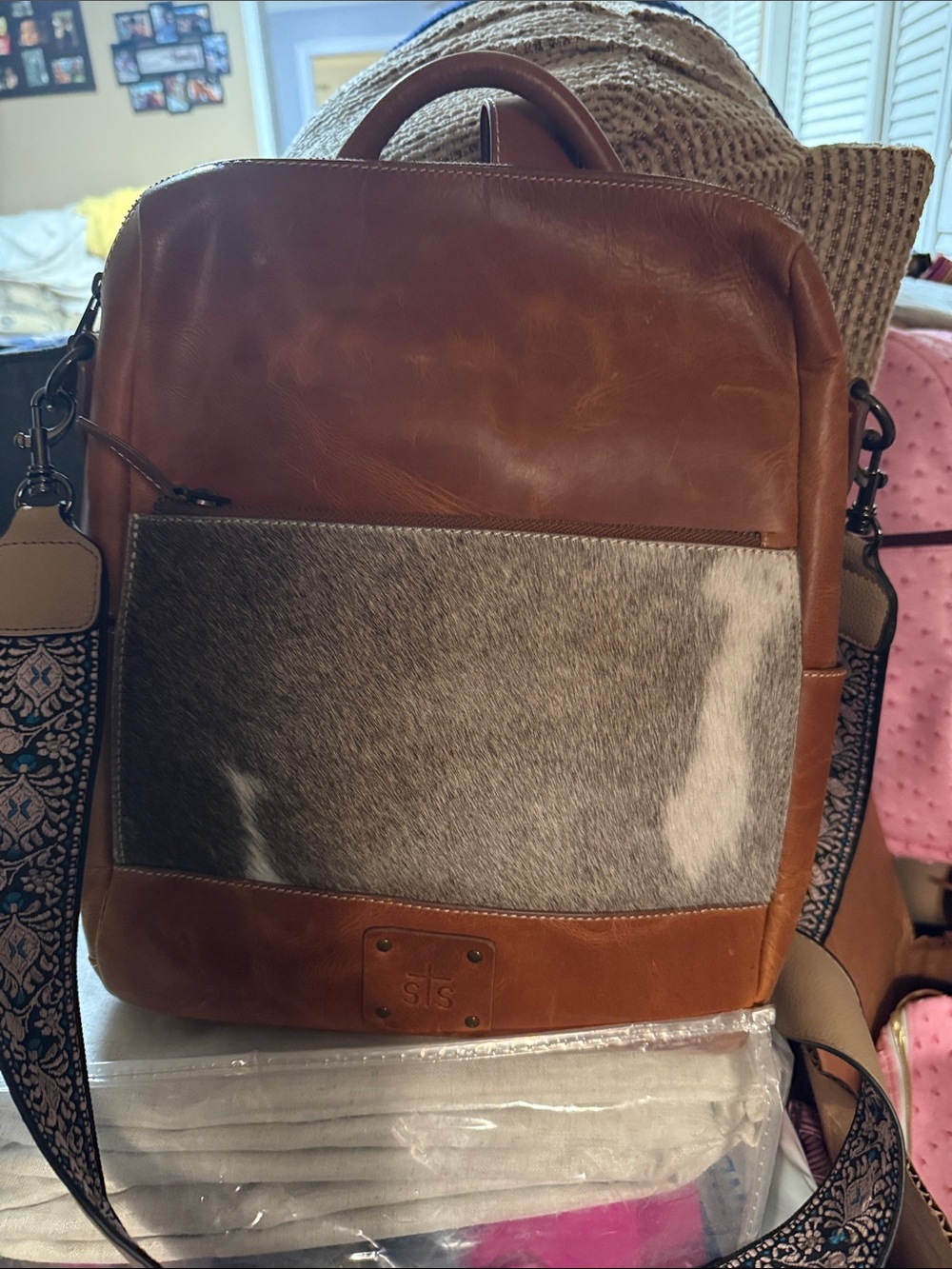 Woman’s Brown Leather Backpack with Gray Haircalf Front Panel